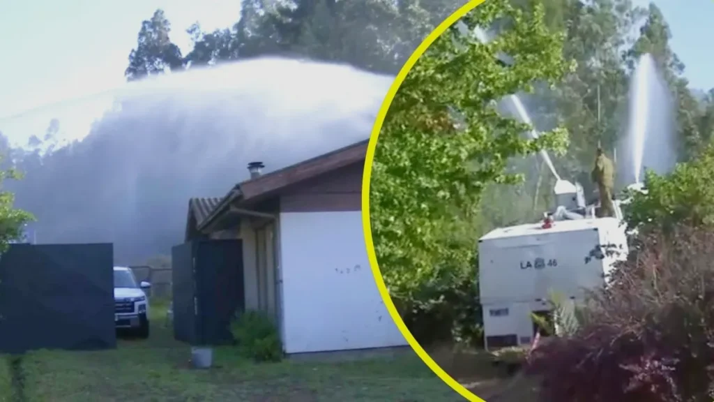 Carro Lanza Aguas de Carabineros Humedece Viviendas en Concepción como Medida Preventiva ante Avance de Incendios